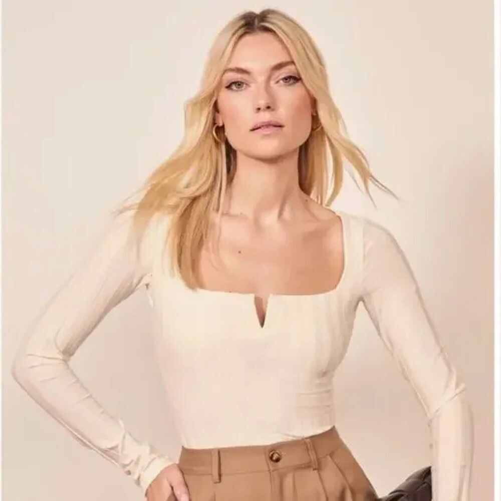 Reformation Delancey Top Ivory Ribbed Knit Square Neck Long Sleeve size medium